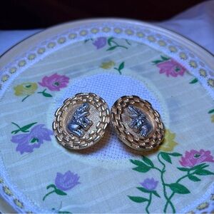 Gold and Silver Elephant Medallion Stud Earrings